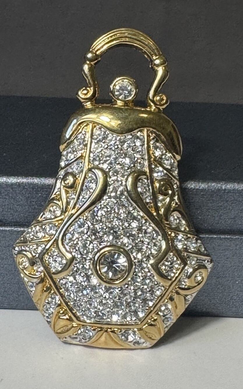 Vintage Swarovski Signed Swan Logo Rhinestone Purse Brooch Gold Tone Bag 22g